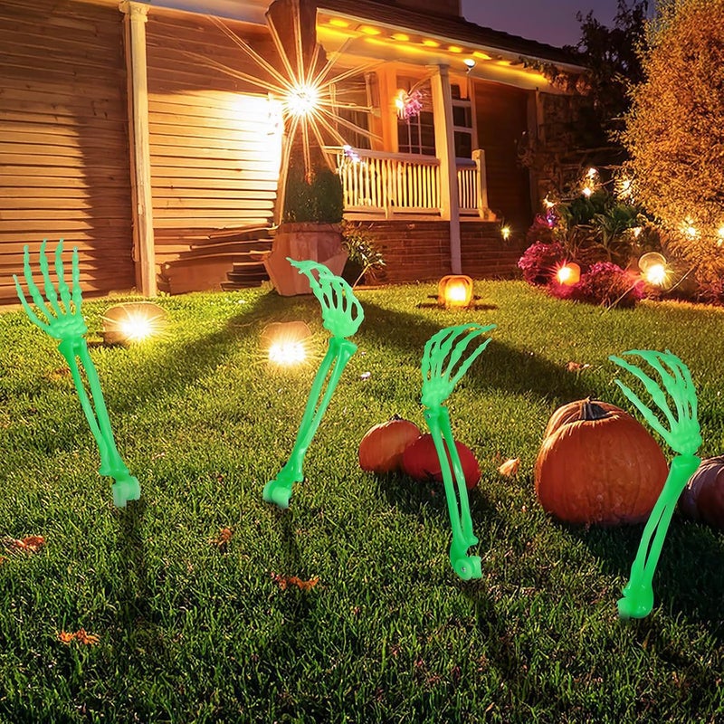 AOFOX Halloween Realistic Skeleton Stakes Zombie Ghost Arm Stake Severed Plastic Glow in Dark Skeleton Hands Yard Signs for Halloween Props Decorations (4 Pcs Green) - Image 4